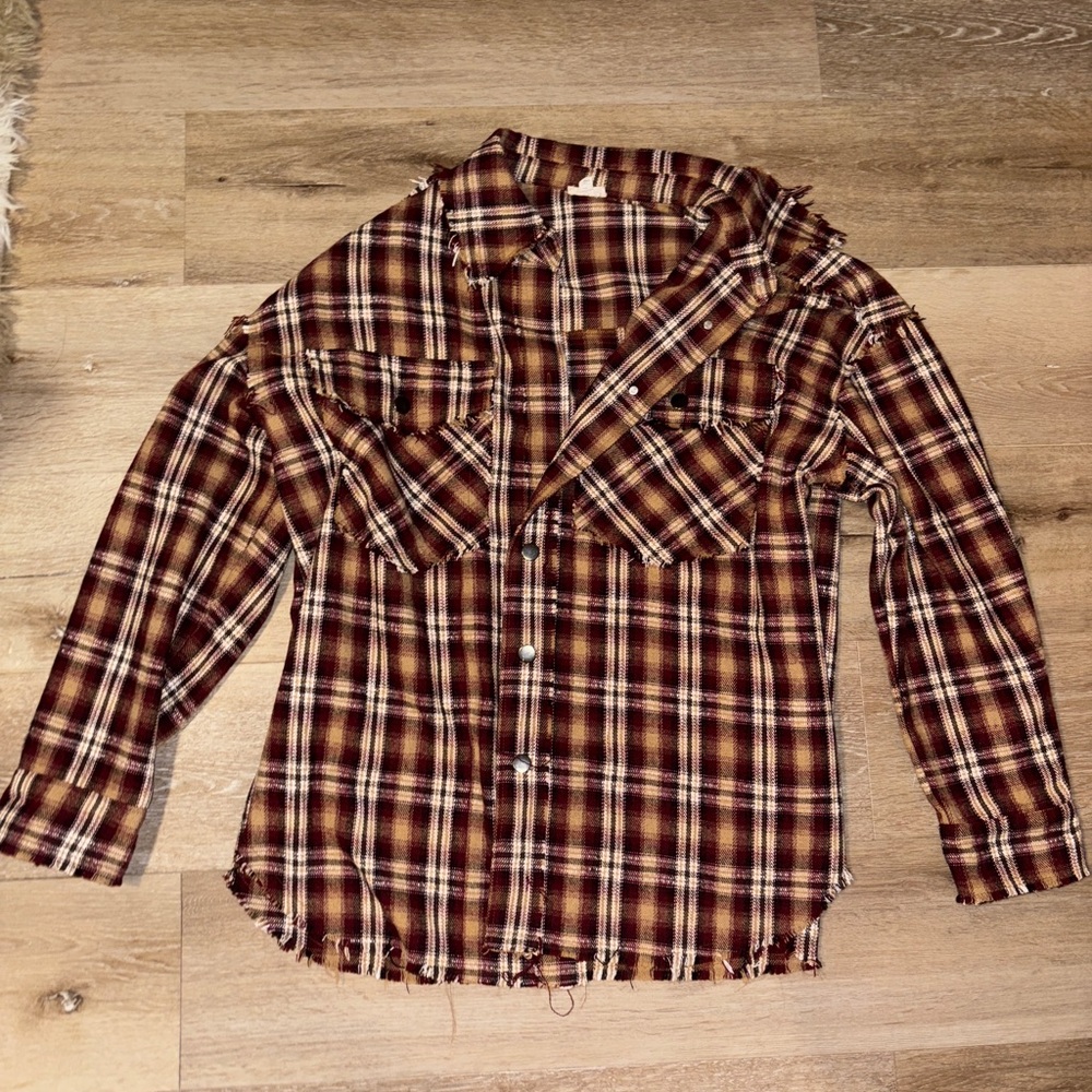 P.O.L. Oversized Frayed Flannel Jacket – Size M (Fits Like XL)